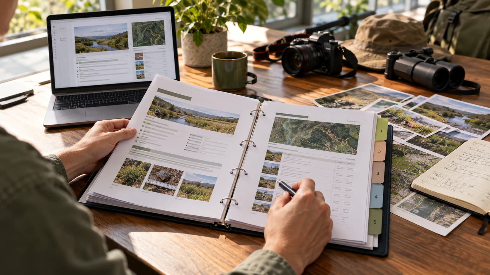 Project evidence, maps and field photographs being reviewed together