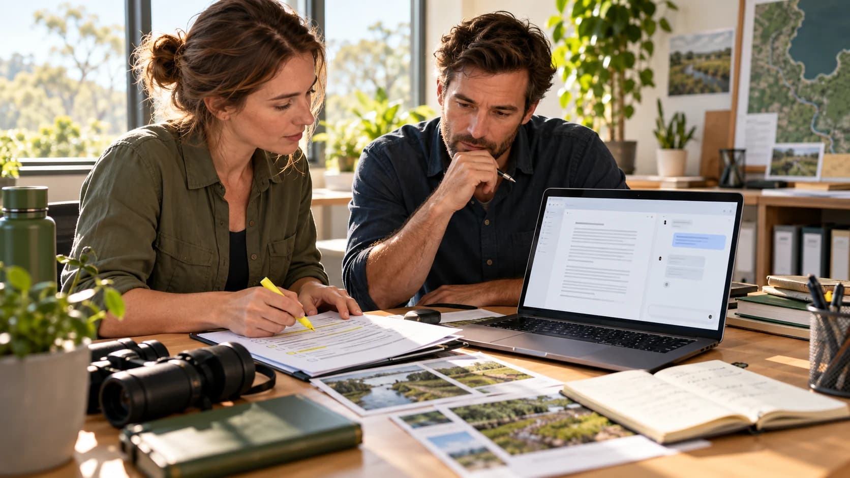 Team members reviewing project documents and a shared workspace