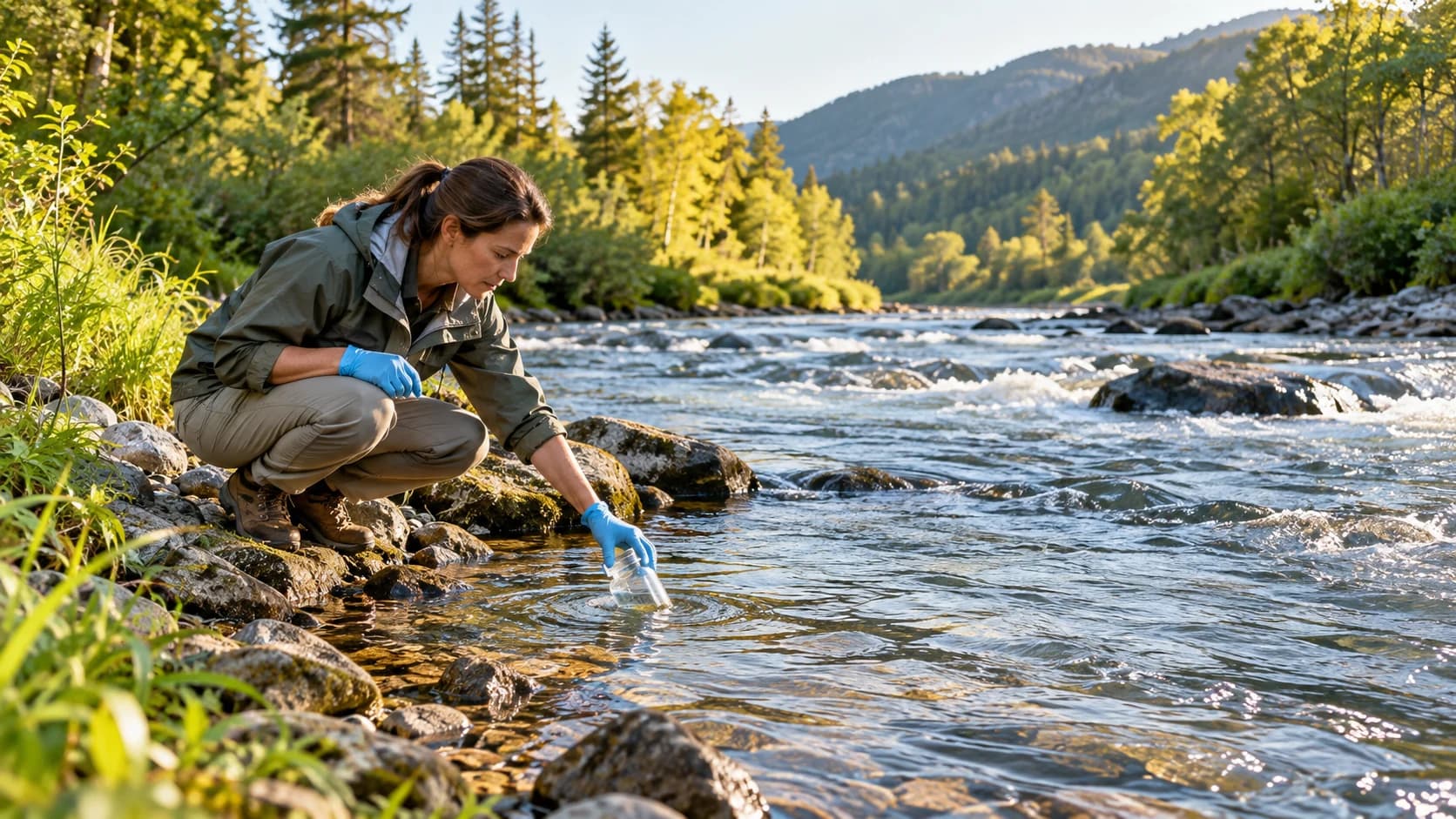 Field technician collecting a river water sample