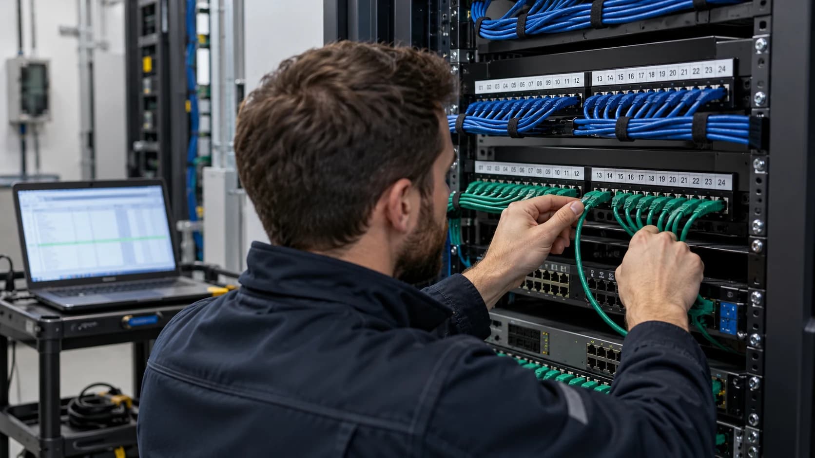 Technician connecting network infrastructure